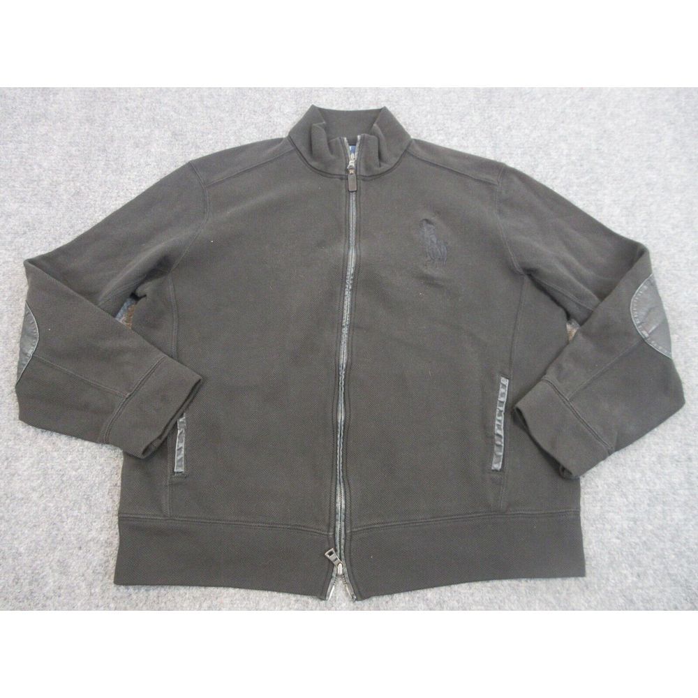 Polo Ralph Lauren Sweater Mens Large Black Big Pony Logo Pocket Full‎ Zip